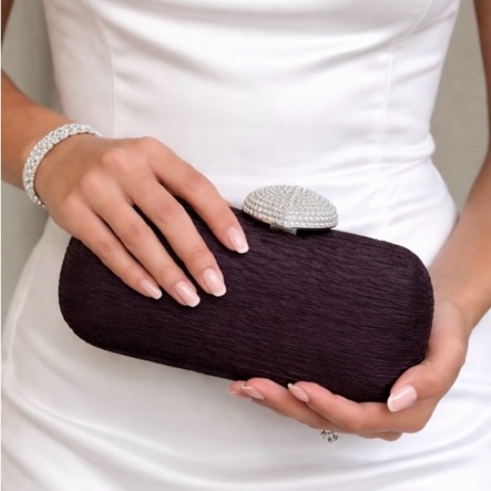 Elegant Black Clutch with Silver Heart Accent and chain